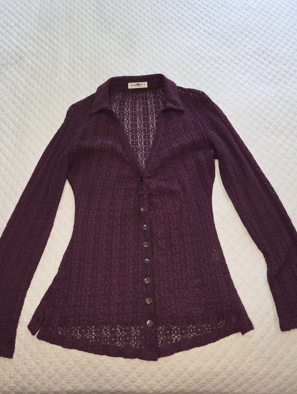 Natural Life Carina All Lace Top Eggplant Purple Button Up Blouse Size Large - Picture 2 of 13